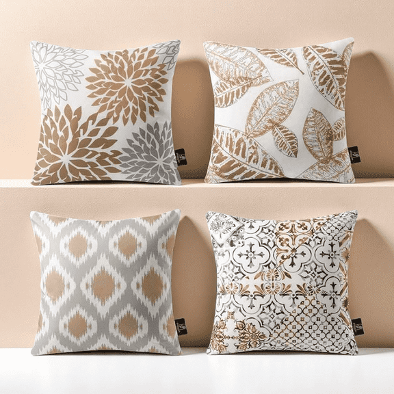 4 Pack Botanical Linen Pillow Covers 18x18 Inch - Fall Leaf Geometric Throw Covers for Sofa, Modern Farmhouse Decor