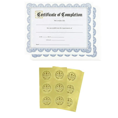 Certificate Paper – 48 Certificate of Completion Award Certificates with 48 Excellence Gold Foil Seal Stickers, for Student, Teacher, Professor, Blue, 8.5 x 11