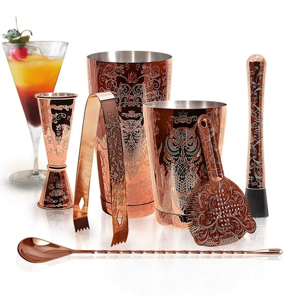 SKY FISH Bartender Kit Cocktail Shaker Set-6 Pieces Stainless Steel Copper Plated Etching Bar Tools with Boston Shaker Tins,Mixing Spoon,Mojito Muddl