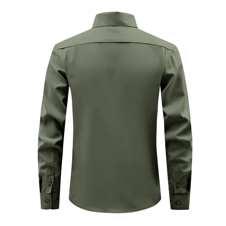 mens dress shirts olive green Domuza Stretch Long Sleeve Dress Shirts for Men Regular Fit Wrinkle Free Button Down Shirt Army XS Religious