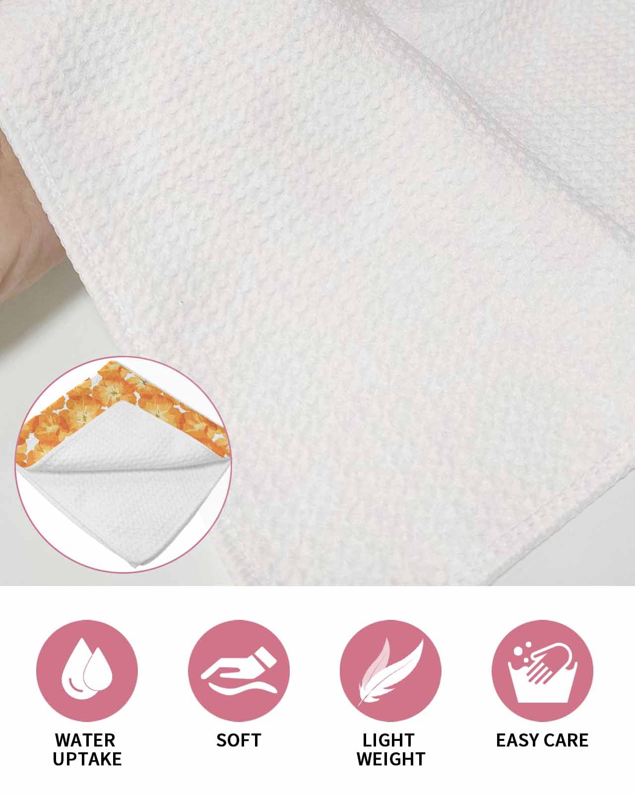 Spring Floral Kitchen Dish Towels for Drying Dishes Set of 2, Orange Country Retro Botanical Pastoral Waffle Weave Microfiber Terry Hand Tea Bathroom Towels Quick Dry & Absorbent Towel 12x12