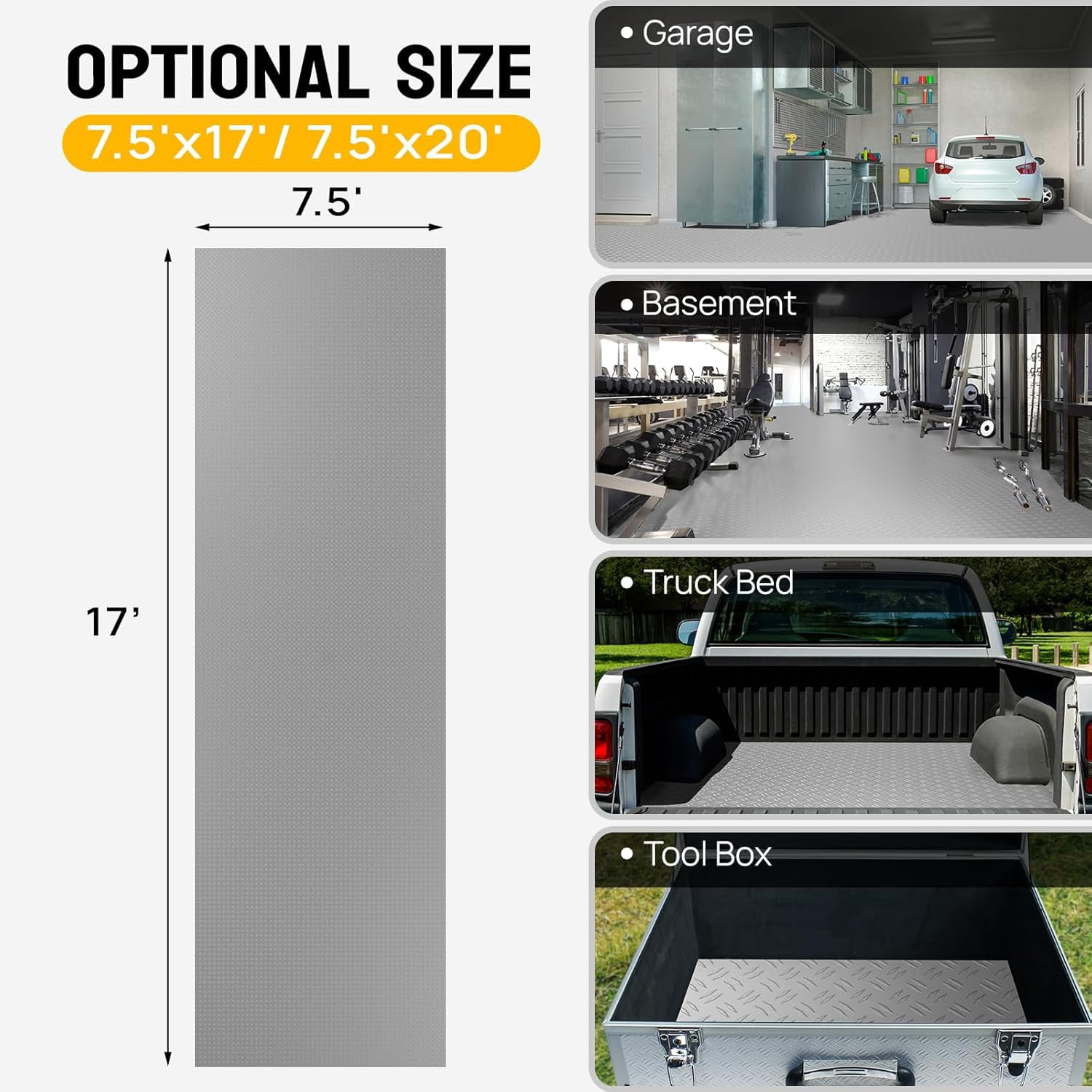 Ktaxon 7.5 x 17 FT Garage Floor Mat, Thickened Diamond Plate PVC Garage Mats Flooring Roll for Under Car, Garage Car Parking Mats for Compact SUVs, Sports Car