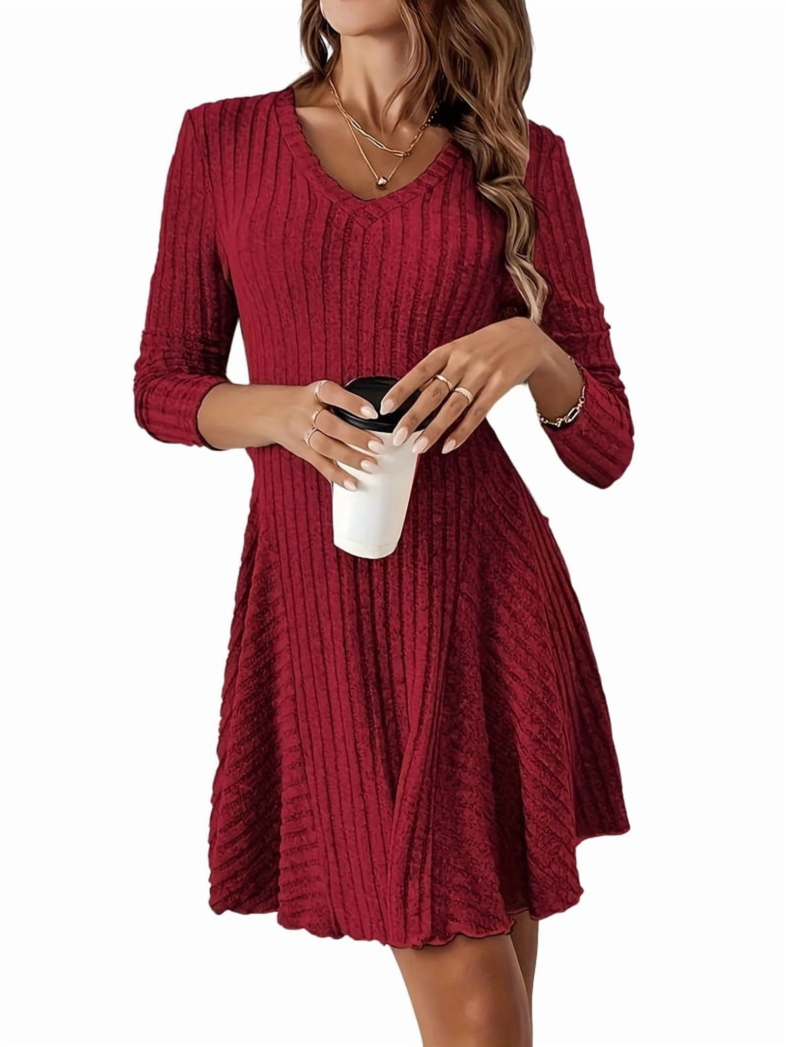 Women Long Sleeve Ribbed Knit Short Dresses Fall Winter V Neck Casual Swing A Line Sweater Dress