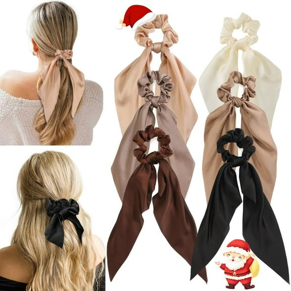 6 PCS Silk Satin Scrunchies with Bows, Gentle No-Slip Hair Ties, Elegant Knotted Ribbon Hair Accessories for Women Girls Daily Use