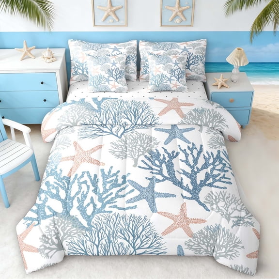 Manfei Watercolor Starfish Coral Bedding Comforter Set for Kids Boys and Girls, Marine Animal Full Bedding Set, Reversible 7-Piece