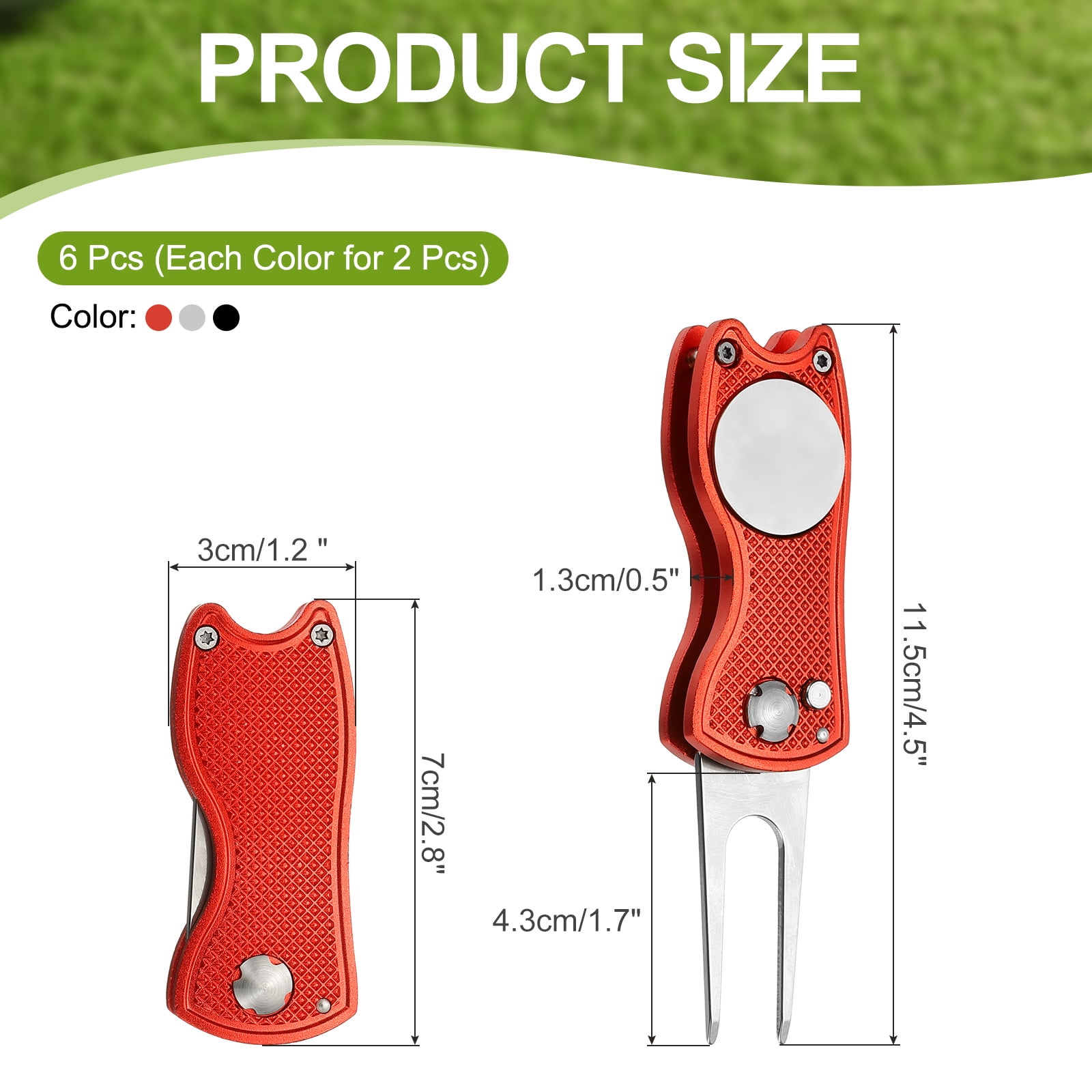 Uxcell Golf Divot Repair Tool, Foldable Metal Golf Green Divot Tool with Magnetic Ball Marker & Stainless Steel Fork Silver/Red/Black