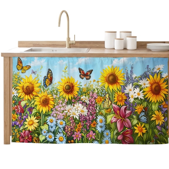 Spring Wildflower Cabinet Curtains 28"W x 51"L,Dustproof Sink Skirt Curtain for Kitchen Bathroom,Floral Leaves Country Pastoral Adhesive Desk Skirt Privacy Curtains for Pantry Classroom Office Closet