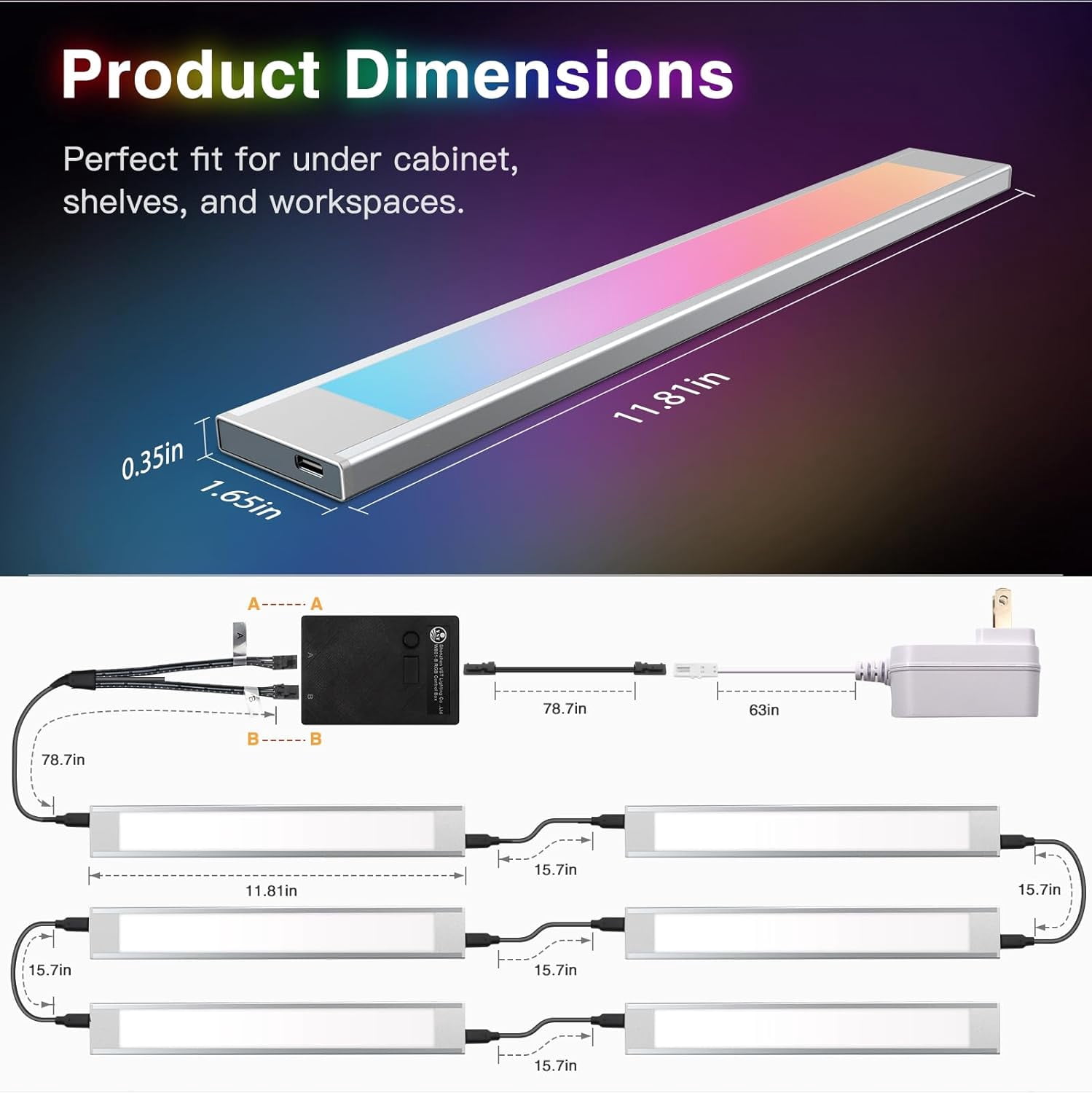 RGB Under Cabinet Lighting with Adjustable White Light, Ultra-Thin LED Light Bars, APP & Voice Control (Alexa/Google), Remote & Button Control, Linkable Lights for Kitchen Cabinets, Shelves 6 Pack