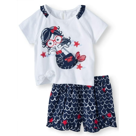 Baby Girls' 3D Graphic Mermaid T-Shirt and Ruffle Shorts, 2-Piece Outfit Set