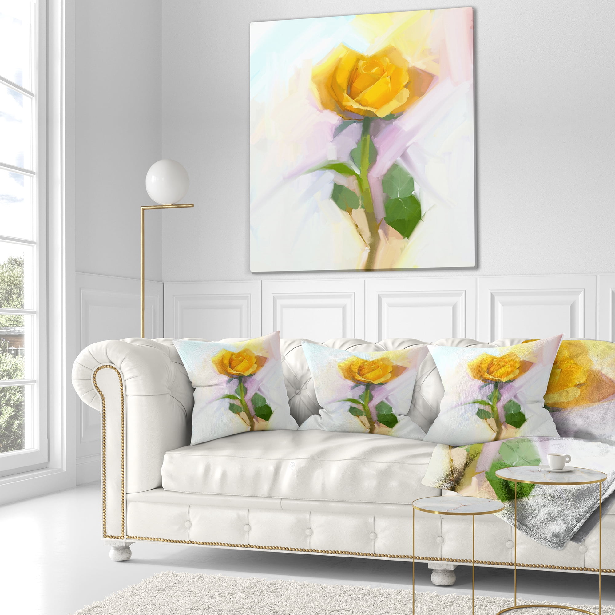 Designart Rose With Green Leaves Painting - Floral Throw Pillow - 18x18