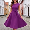thumbnail image 2 of Elegant Party Dress for Women Short Sleeve Crew Neck Solid Tie Waist Midi Dress Purple L, 2 of 6