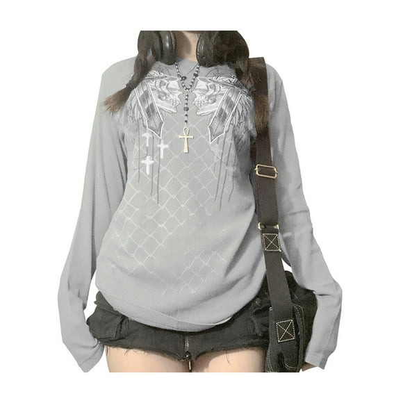 Argulvti Women Shirt, Long Sleeve Round Neck Skull Knitting Loose Casual Party Street Fall Taupe Brown Tops