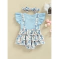 thumbnail image 4 of Franhais Baby Girls Romper and Headband, Fly Sleeves Patchwork Flower Print Jumpsuit for Infant, Blue/ Pink, 4 of 9