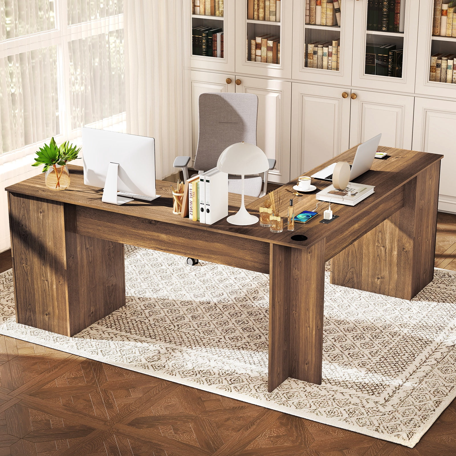 Gymax 66 Inch L-Shaped Computer Desk Spacious Corner Desk w/ Drawers & Cabinet
