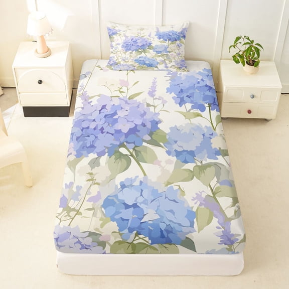 Manfei Chic Hydrangea Flower Twin Fitted Sheet, Garden Floral Bedding, Baby Blue Cream Green 2 Pieces, 1 Fitted Sheet and 1 Pillowcase
