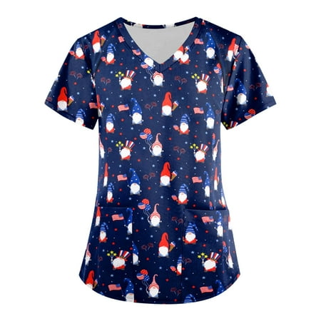 

UDAXB Womens Nursing Scrub Tops Valentine s Day Love Heart Printed Working Uniform Short Sleeve V-Neck Workwear Blouse T-shirt with Pockets