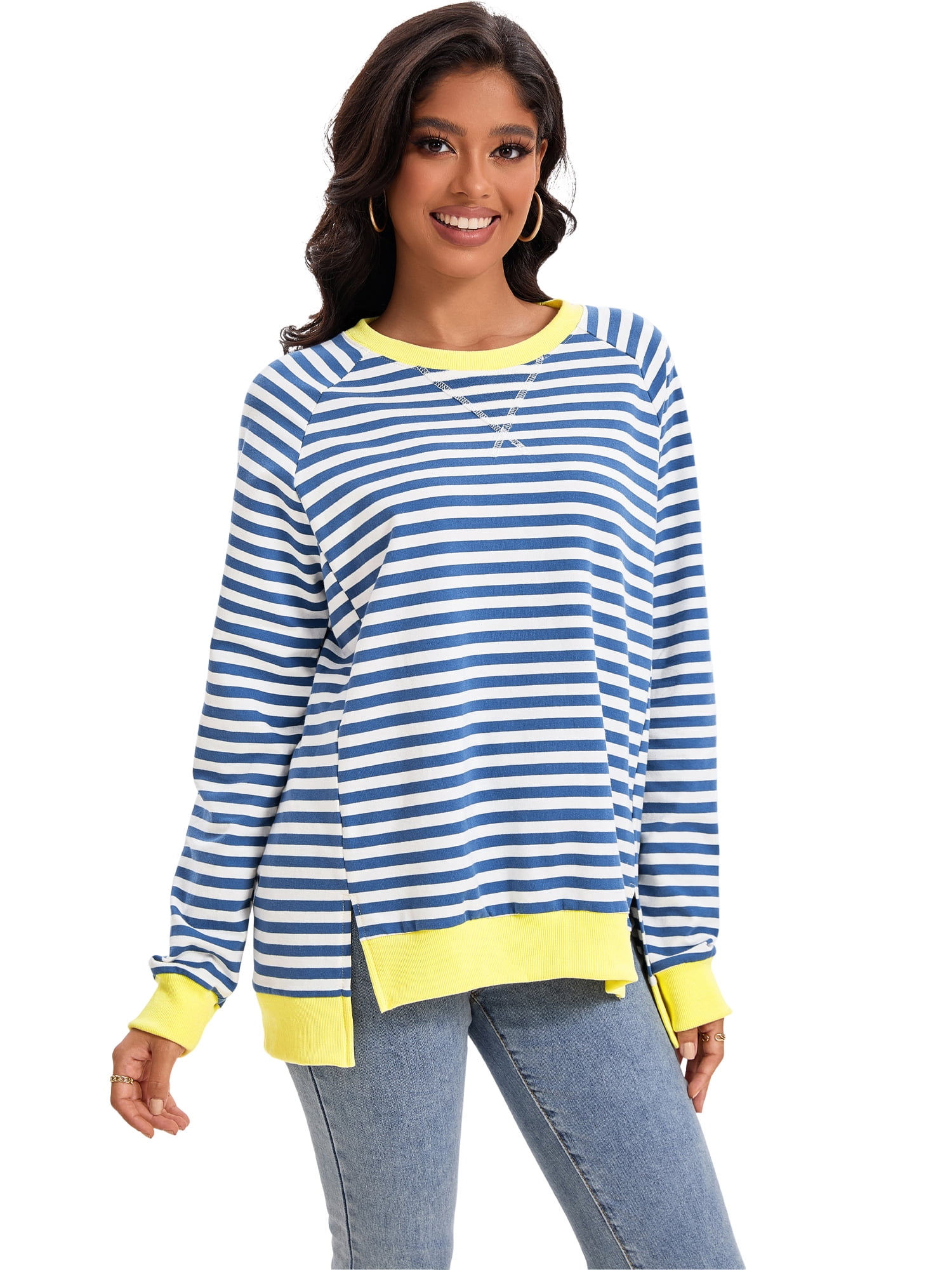 Unique Bargains Women's Striped Oversized Crewneck Pullover Tops S Blue White