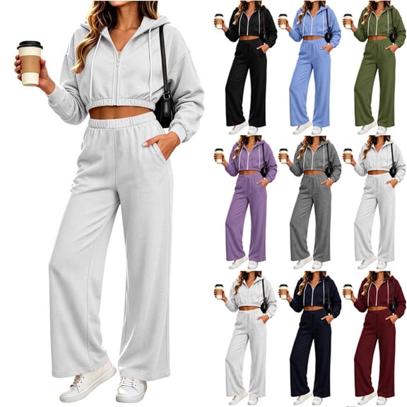Brnmyaeo Sweatsuits for Women Long Sleeve Zip Up Crop Hooded Jacket Wide Leg Sweatpants Set 2026 Fall Fleece Lined 2 Piece Tracksuit Sets