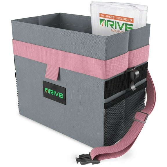 Drive Auto Car Trash JB28 Can - Leakproof, Hanging Garbage Bin with 20 Trash Bags and Pink Adjustable Strap - Truck & Car Accessories for Men and Women - Grey with No Lid