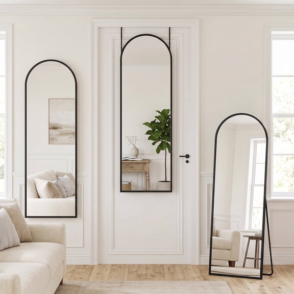 Antok 48"x14.1" Arched Full Body Mirror, Over The Door Mirror,Standing/Leaning/Wall Mount Full Length Mirror, Black Metal Frame