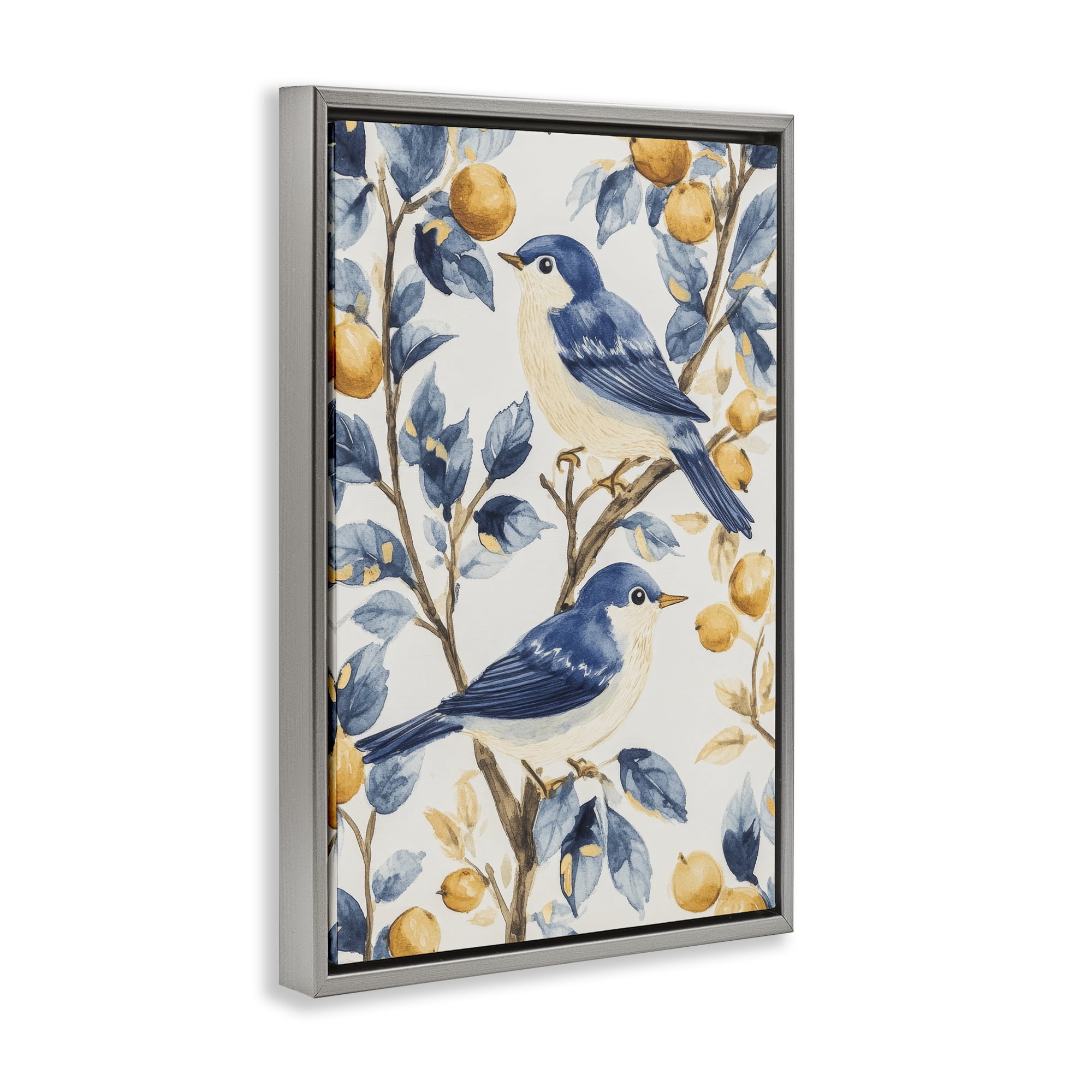 Stupell Industries Sweet Blue Birds on Lemon Branch Gray Framed Floater Canvas Wall Art, design by Petal Prints Design