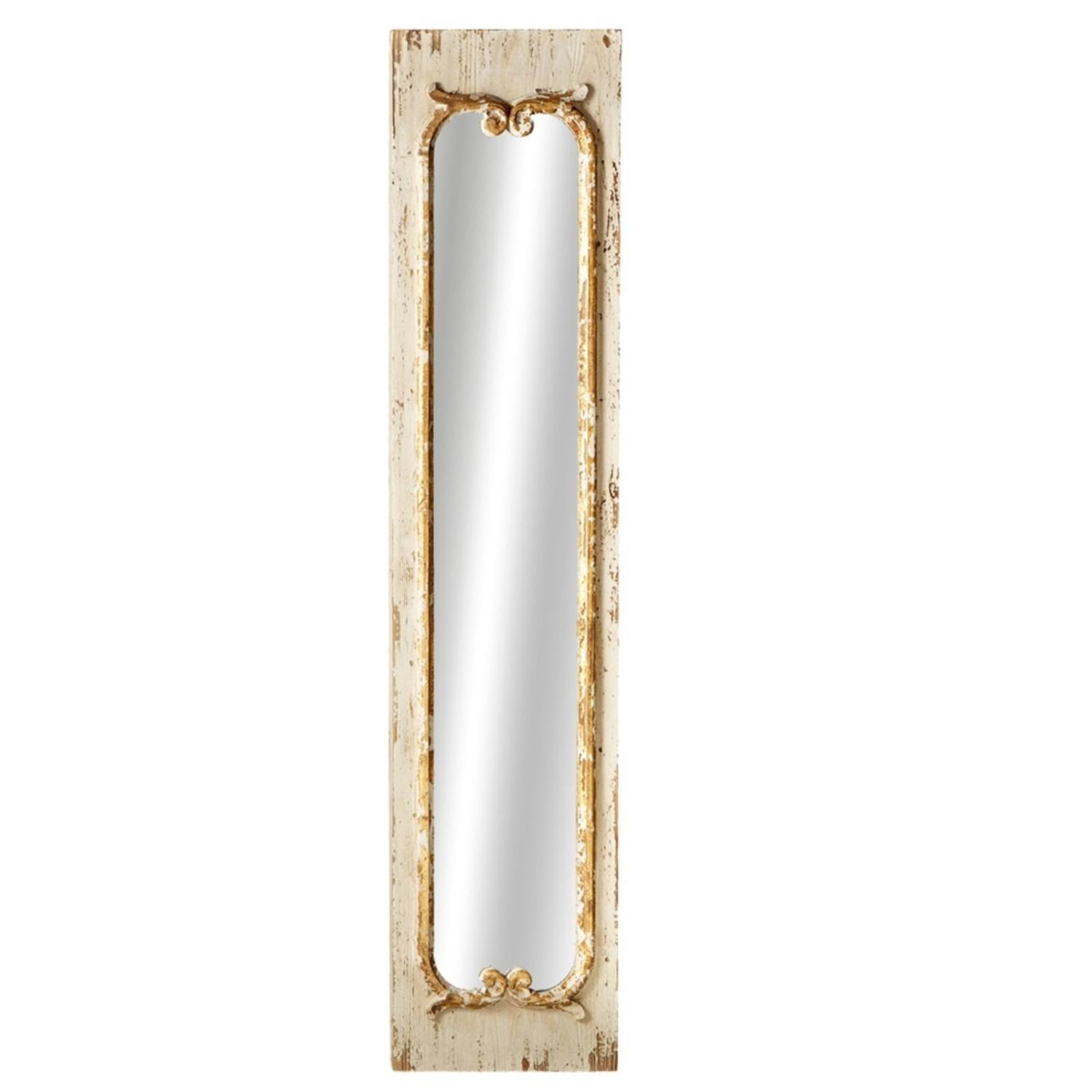 59" Ivory and Gold Distressed Vertical Wall Mirror with Gold Scroll