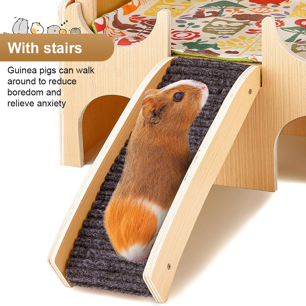 Qiyester Guinea Pig Castle Wooden Hamster House Animal  Hideout Habitat with Stairs for Chinchilla Hedgehog Rabbit Bunny