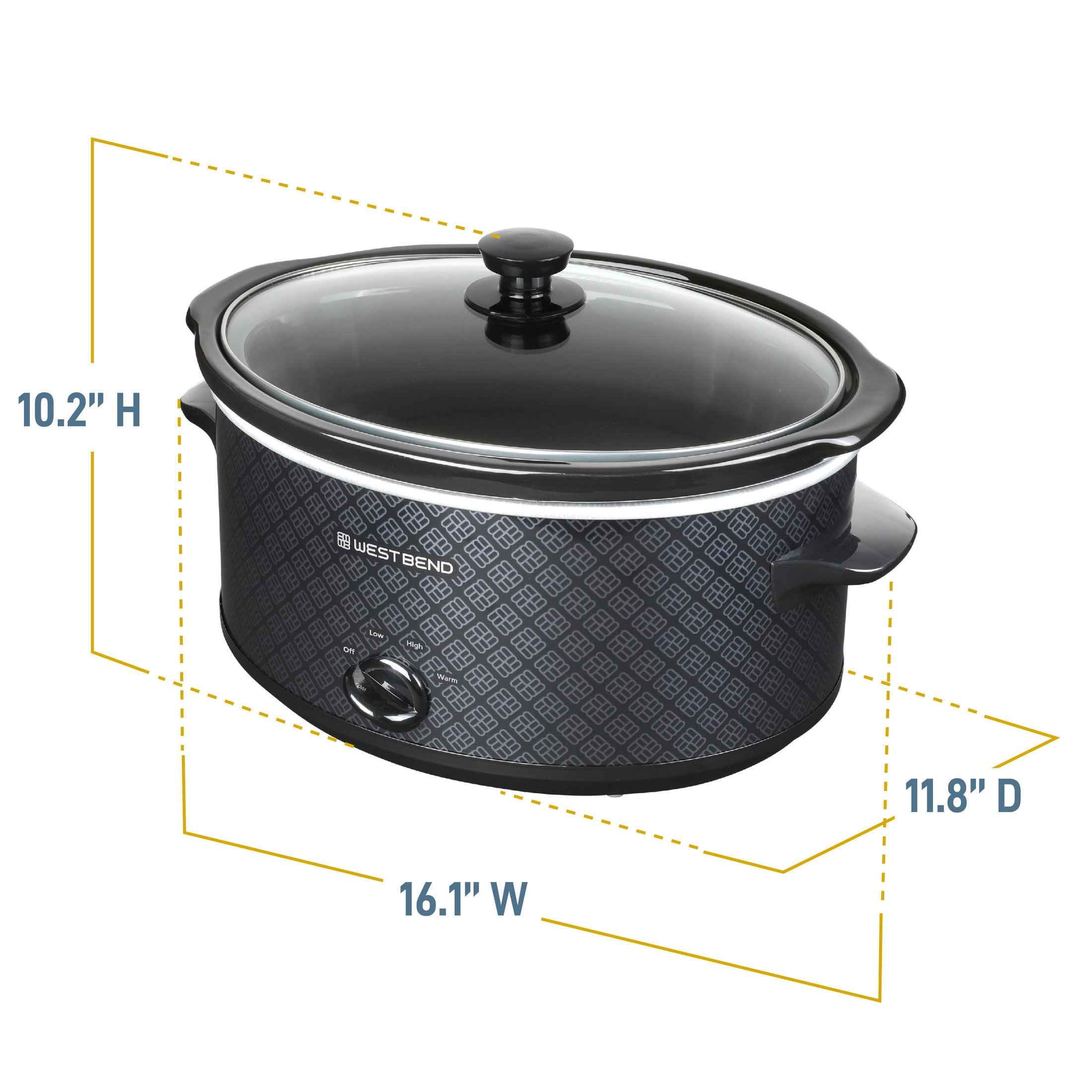 West Bend 6-Quart Pattern Slow Cooker, Manual Controls, Ceramic Crock, Dishwasher-Safe, in Black (SCWB6QPTBK13)