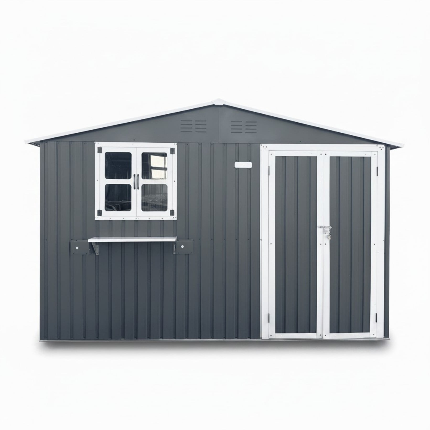 Aukfa 10x8 FT Outdoor Storage Shed with Lockable Doors&Flower Rack, Metal Garden Shed for Bike/Generator/Tool Storage, Gray