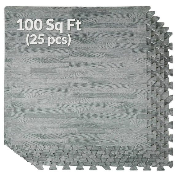 GpLuMy 100 Sq. Ft 3/8 Inch Thick Printed Foam Tiles Interlocking Foam Mat, Sea Haze Grey Wood Grain Print, (24"x24", 25 pcs), Protective Flooring for Home, Gym Exercise or Trade Show