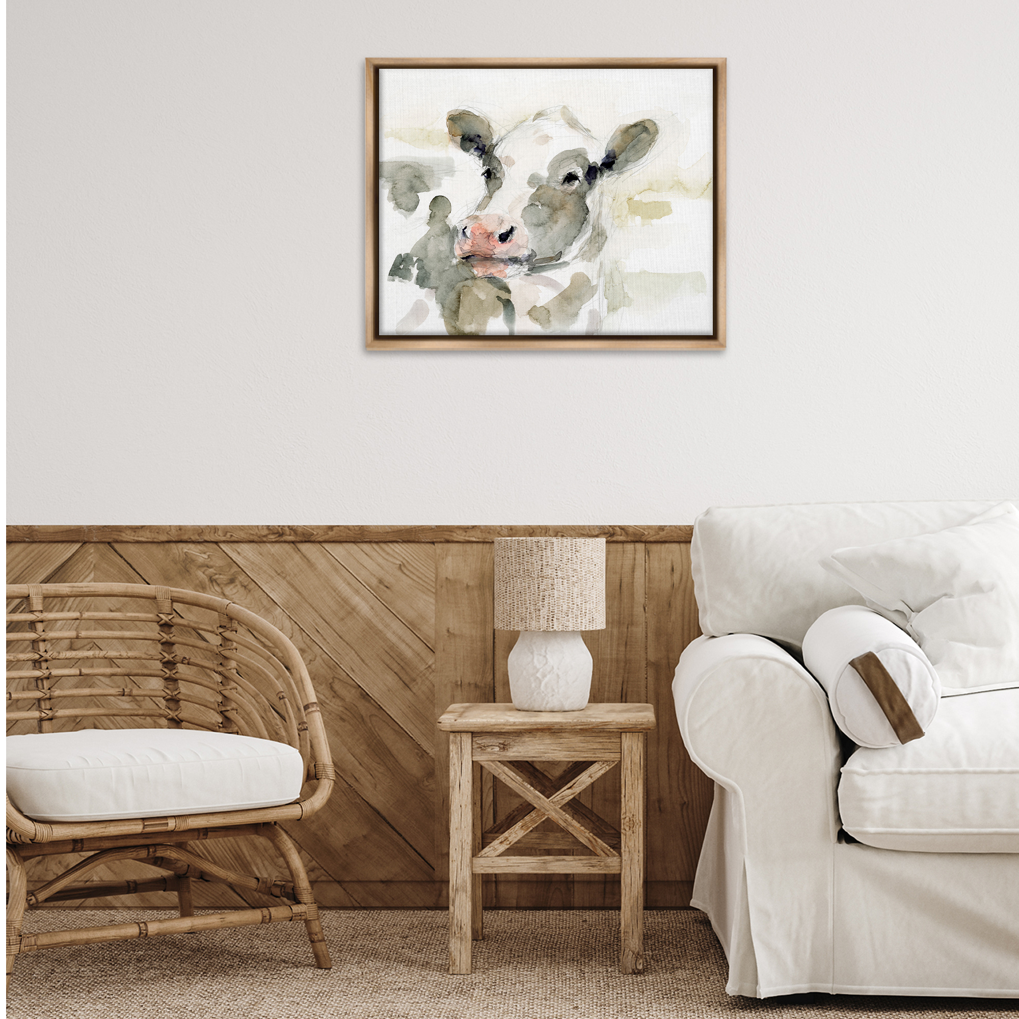 Stupell Industries Soft Painterly Cow Animals & Insects Painting Brown Floater Framed Canvas Art Print Wall Art, 31 x 25