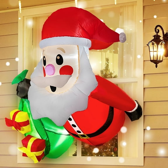 3.5 FT Tall Christmas Inflatable Santa with Gift Bags Broke Out from Window, Blow Up Inflatable with Build-in LED for Window Decor, Xmas Party Indoor, Outdoor, Yard, Garden, Lawn Decoration