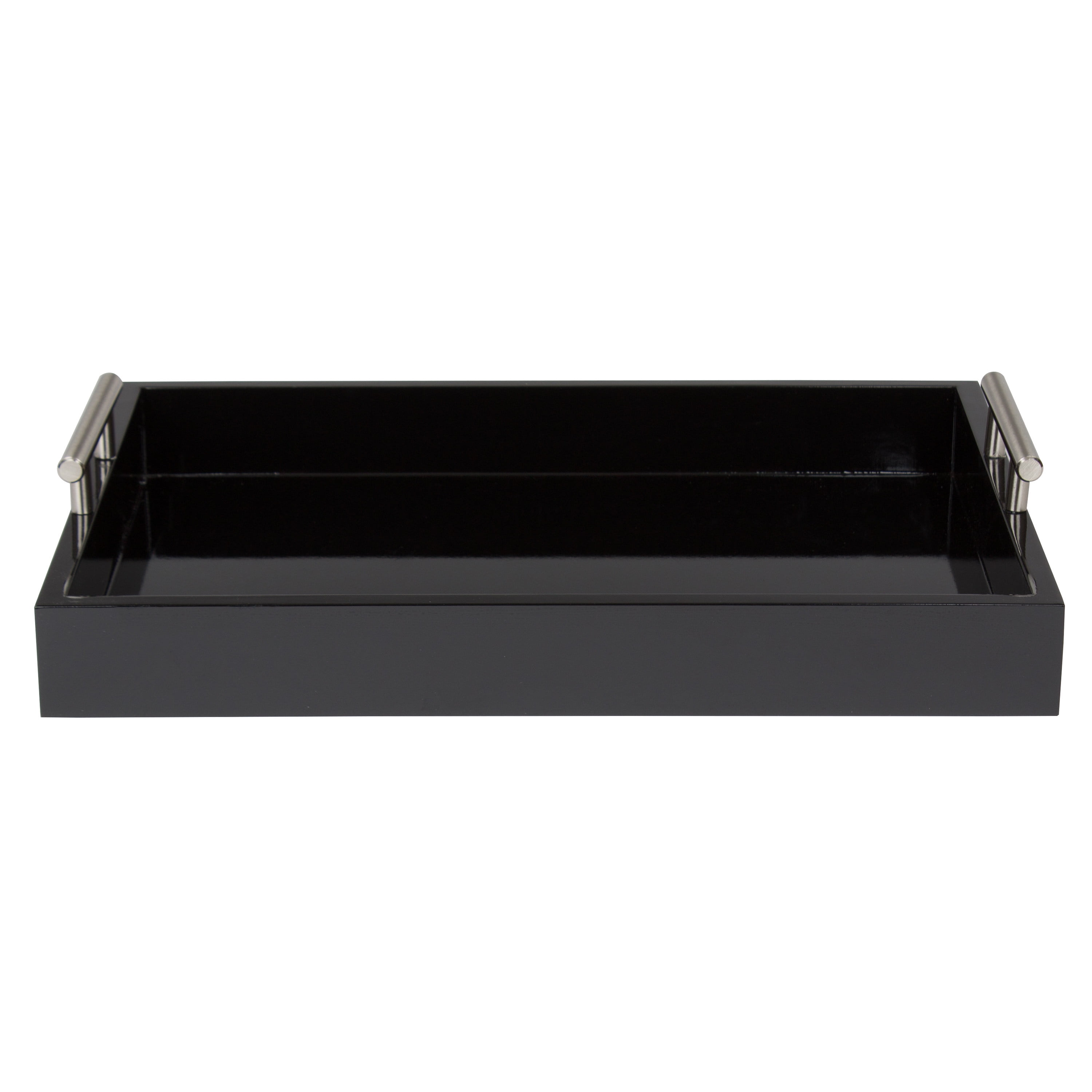 Kate and Laurel Lipton Decorative Tray with Polished Metal Handles, Black and Silver