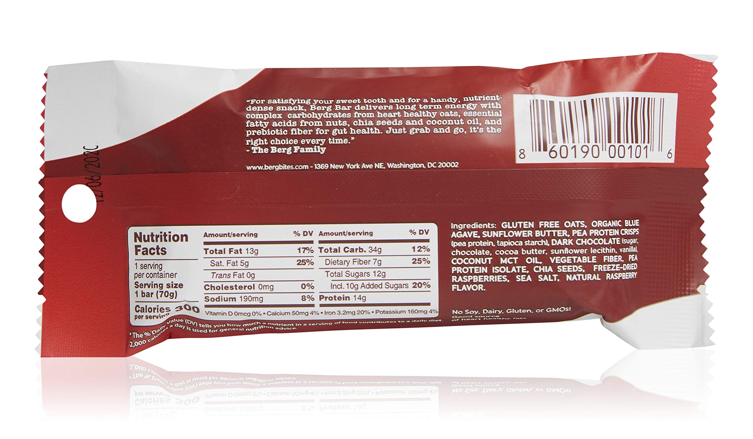 Berg Oat N' Energy Bar | Plant Based Protein Bar | Non-GMO, Gluten Free, Nut Free and Vegan | Low Sugar, Healthy Snack Bar | High Fiber | On The Go | 2.5oz, Pack of 8 (Raspberry Dark Chocolate)