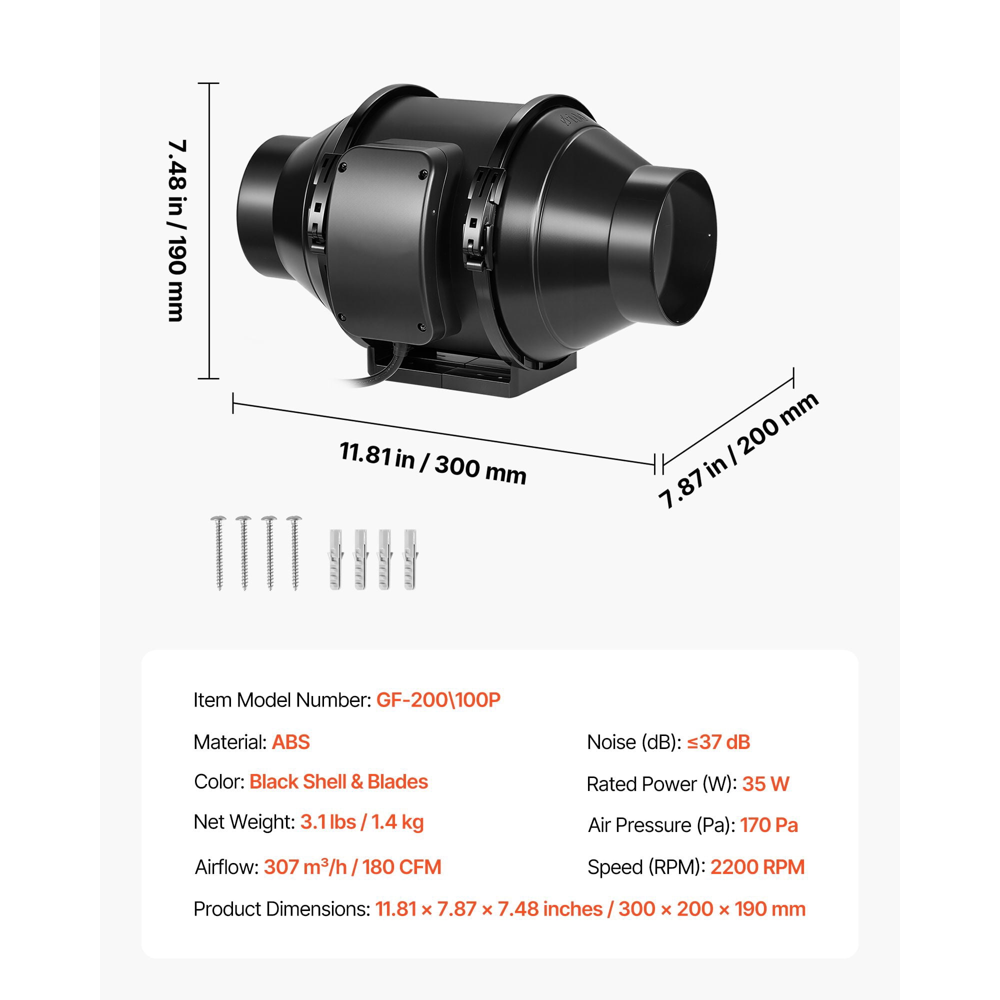 Inline Duct Fan 4 Inch 180 CFM Quiet 37dB Pure Copper Motor for Grow Tents Basement Hydroponics