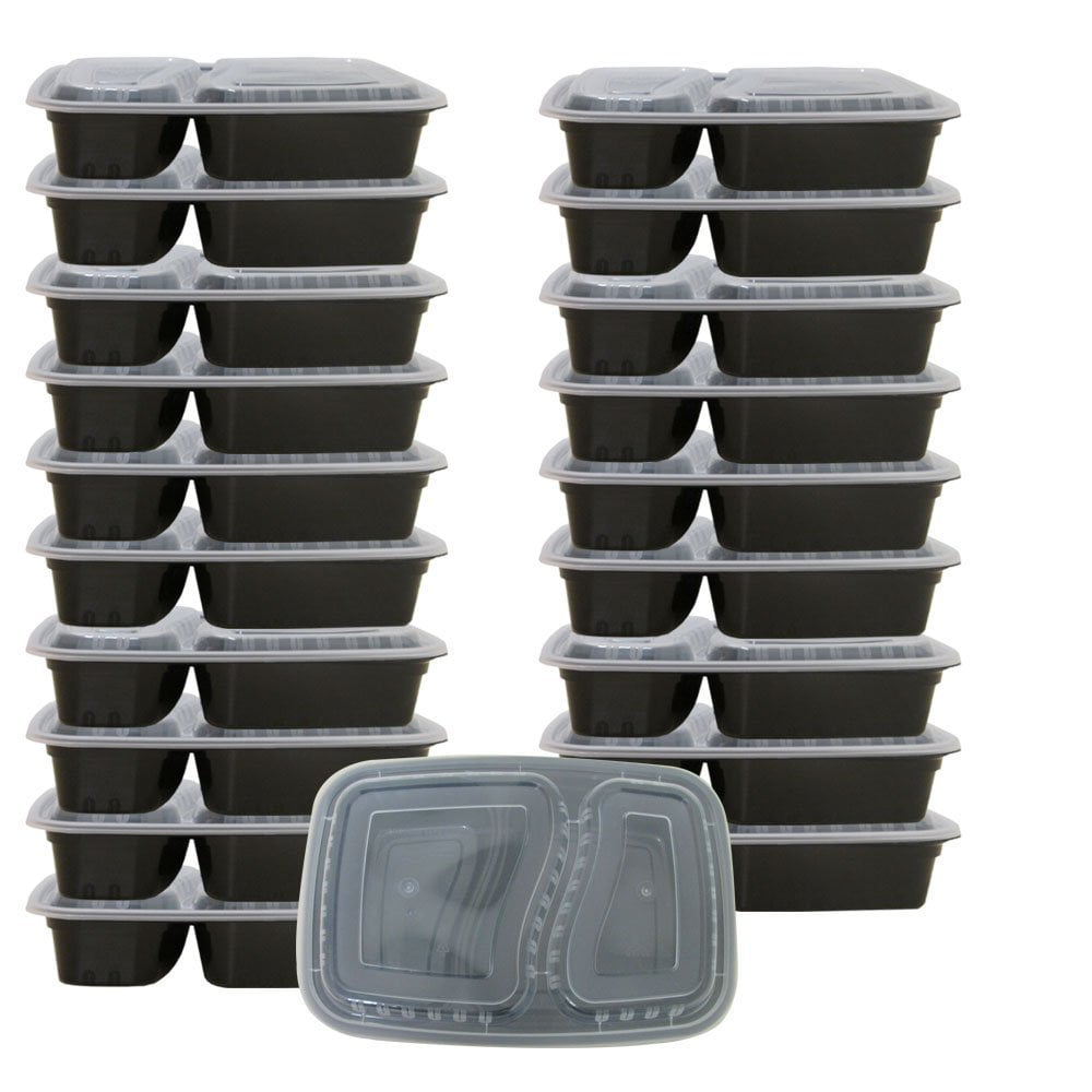 20 Pack 2 Compartment Black Food Storage Containers Lunch Bento Boxes