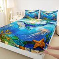 thumbnail image 4 of Castle Fairy Stained Glass Whale King Sheets 4pcs,Jellyfish Coral Underwater Tile Bedding,Cyan Navy,1 Fitted Sheet,1 Flat Sheet and 2 Pillowcases, 4 of 6