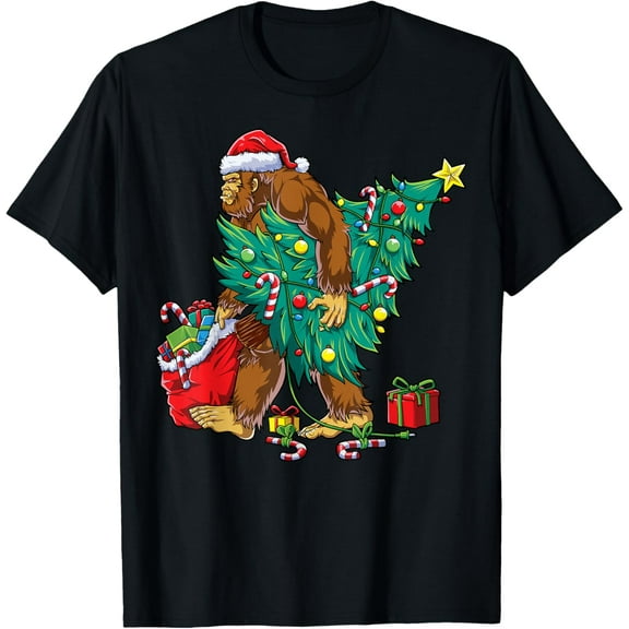 Bigfoot Christmas Tree Lights Xmas Boys Men Sasquax T-Shirt Shirts