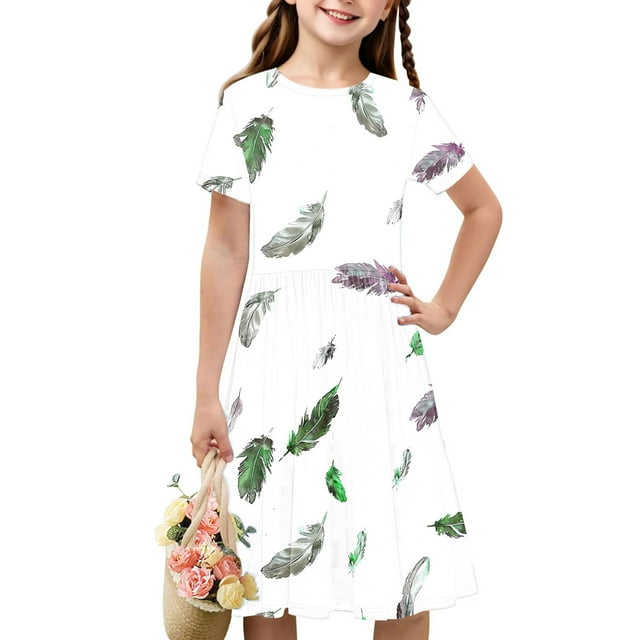 Soldes de Liquidation Aujourd'hui Offres Iumwxz Robe Décontractée Trapèze Robe Tunique pour Adolescentes Robes Col Rond Mignonne à Motif Robe à Manches Courtes pour Filles Robes Ravissantes pour Fête 4-14a