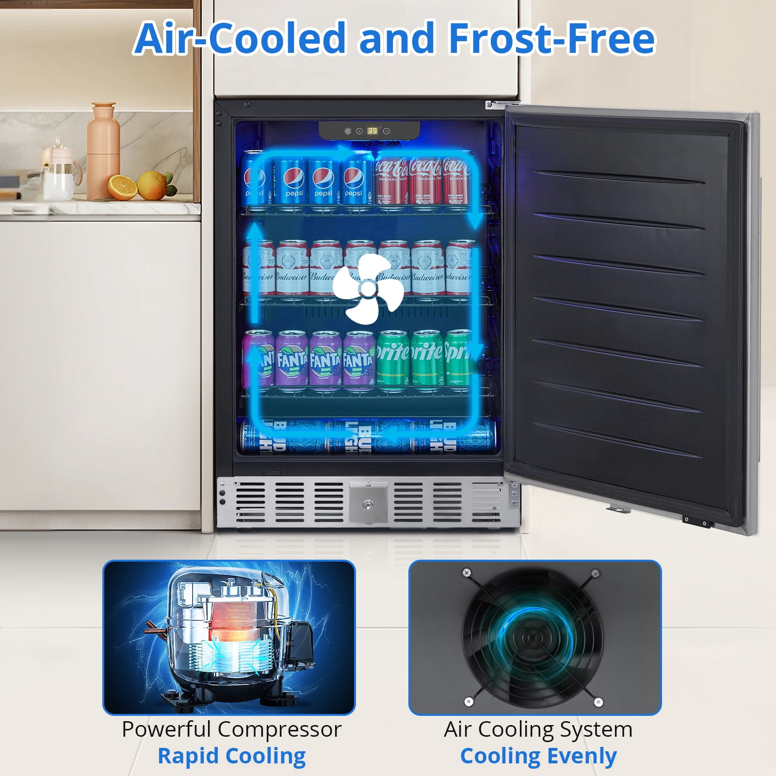 Beverage Refrigerator 15 Inch, Weather Proof Stainless Steel Beverage Fridge for Outdoor Kitchen and Patio, Indoor/Outdoor Beverage Cooler for 110 Cans, Built-in/Freestanding