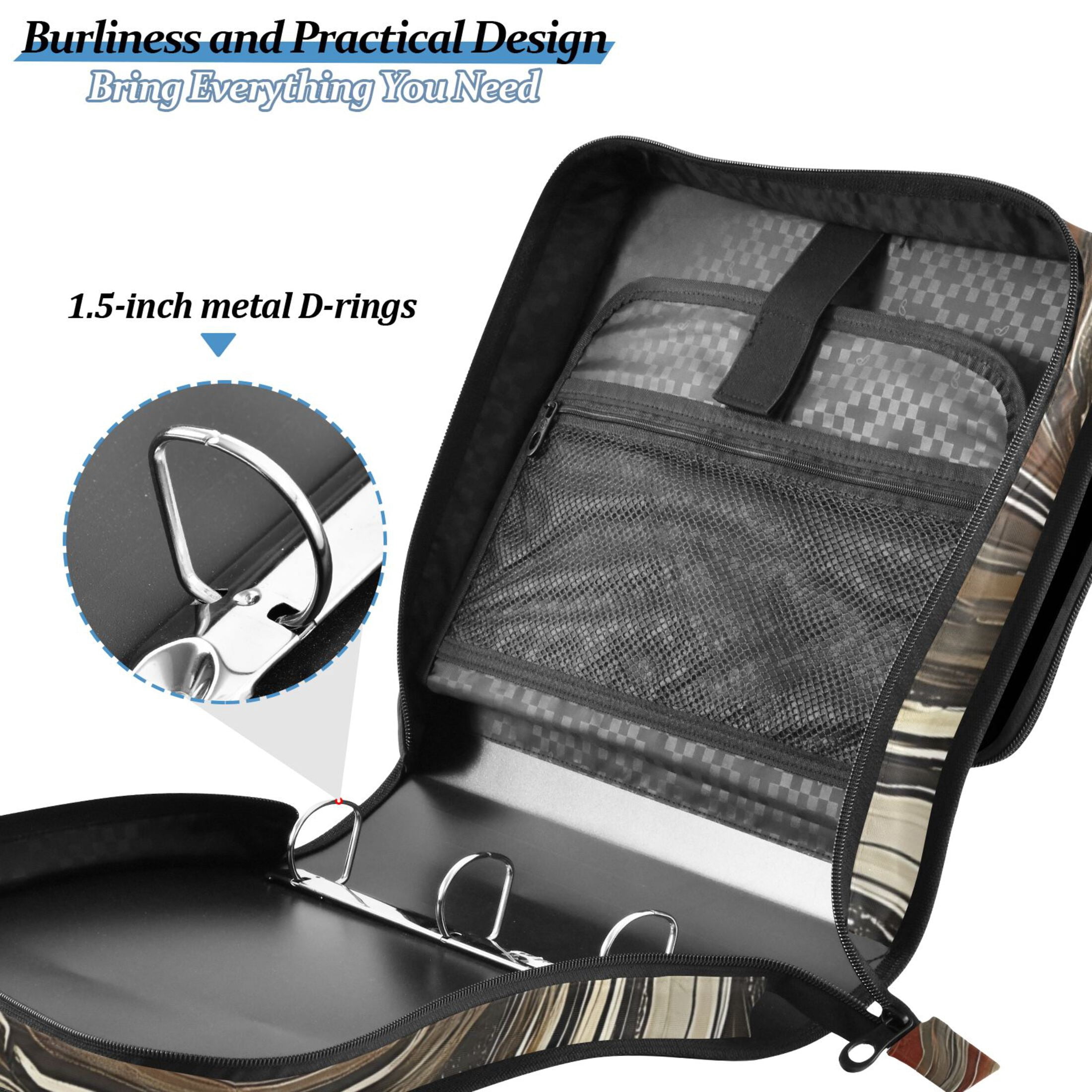 3 Ring Zipper Binder with Shoulder Strap Waterproof Trapper Keeper 2 Inch D-Ring 500 Sheets Capacity Earth Toned Marble