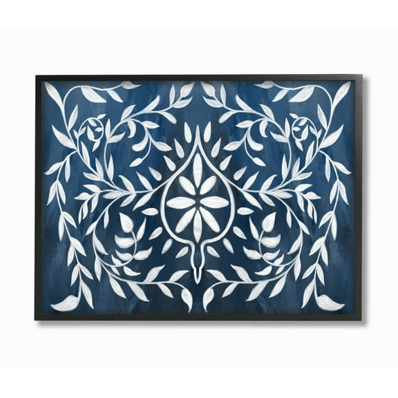 Stupell Industries Blue White Leaf Gilding Pattern Painting Framed Wall Art by Daphne Polselli