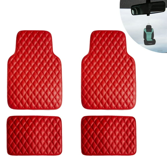 FH Group Universal Floor Mats for Cars Leather Diamond Design For Auto Red w/ Gift