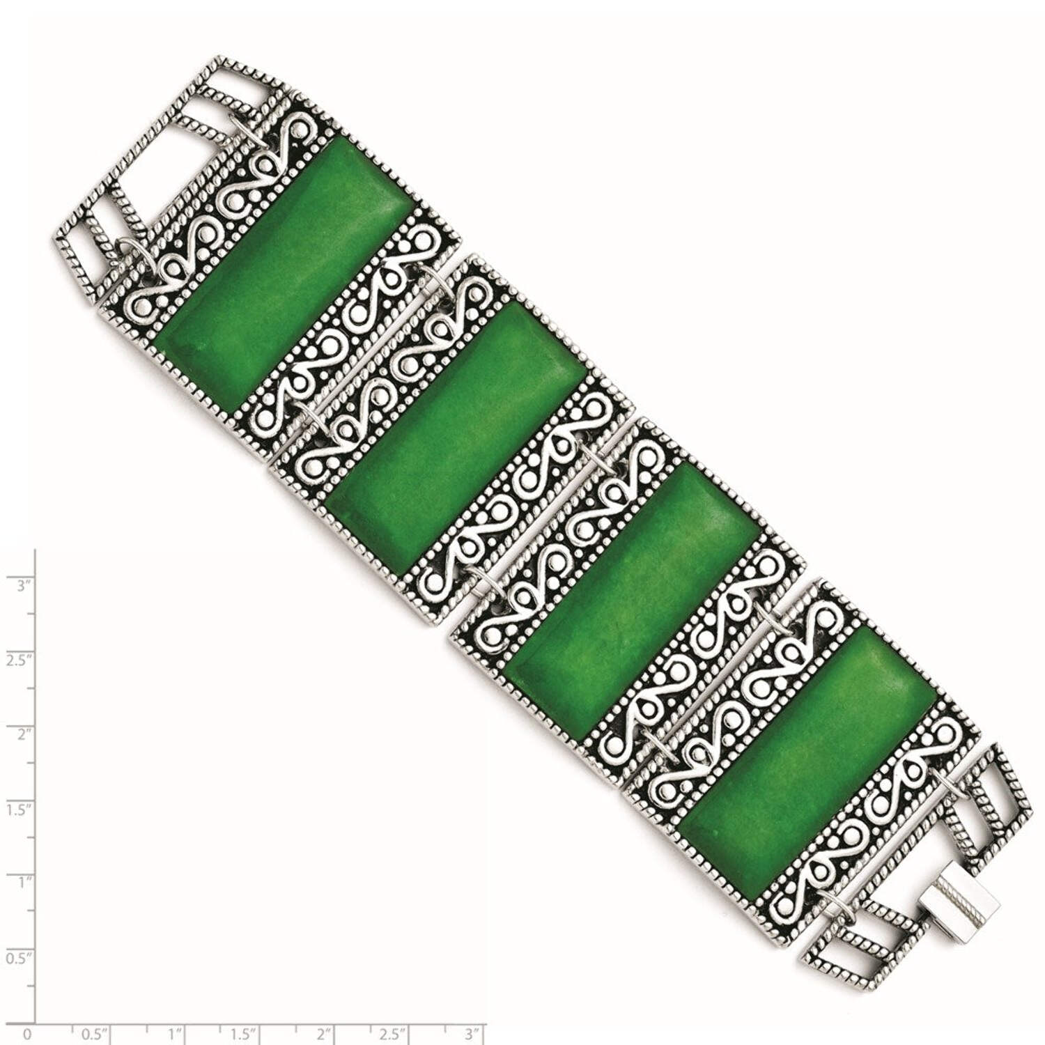 Stainless Steel Polished Fold over Simulated Dyed Jade Artisan Oxidized Bracelet 7.75 Inch - Link Bracelet for Women