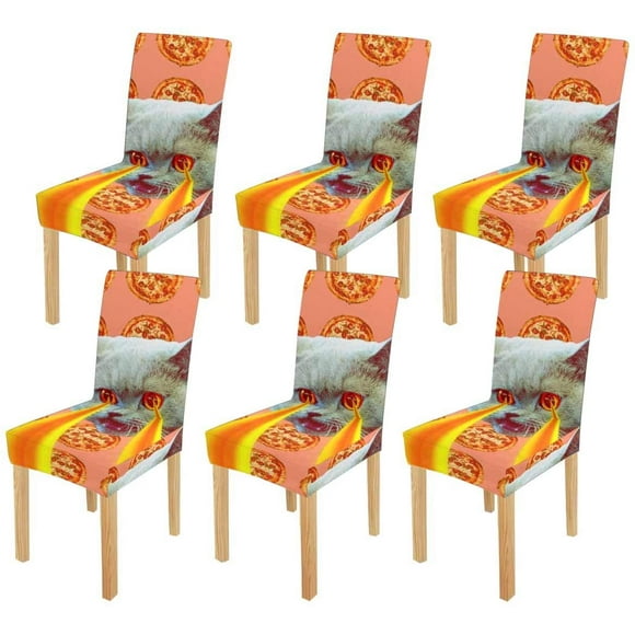 POGLIP Pizza Addict Cat with Lasers from Eyes Stretch Chair Cover Protector Seat Slipcover for Dining Room Hotel Wedding Party Set of 6