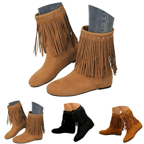 Dakaela Women's Tassels Suede Mid Calf Boots Round Toe Fringe Western Ankle Booties Outdoor Dress Shoes