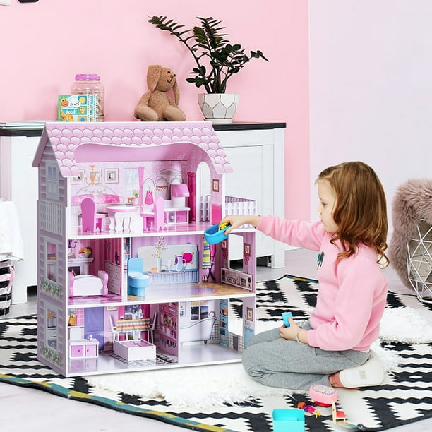 Gymax 28'' Pink Dollhouse w/ Furniture Rooms 3 Levels Young Girls Gymax 28'' Pink Dollhouse w/ Furniture Rooms 3 Levels Young Girls