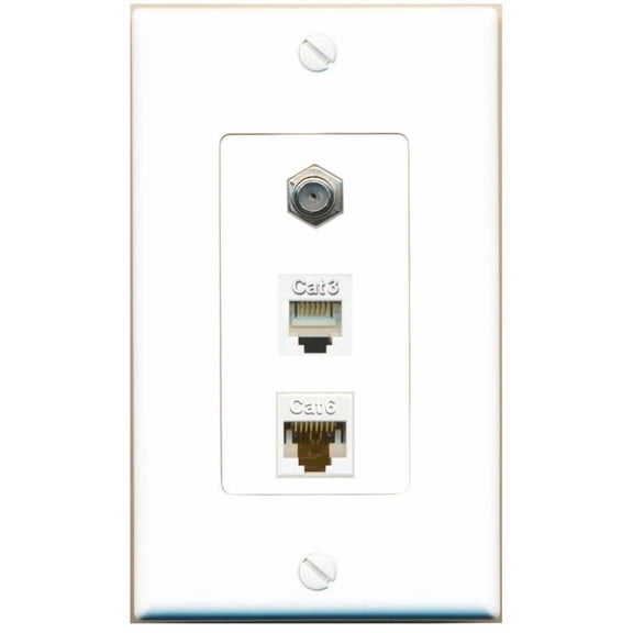 RiteAV 1 Port CAT6 Ethernet Coax Phone Wall Plate - 1 Gang Decorative [White]