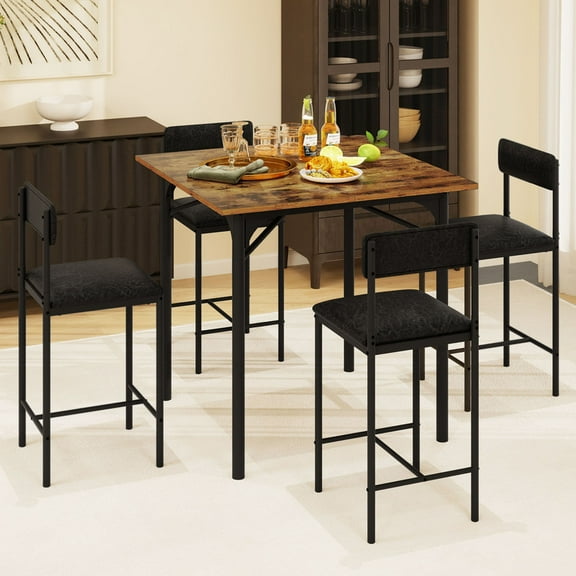 Uforic 5-Piece Height Dining Room Set for 4, Industrial Bar Table and Chairs Set, High Kitchen Table with 4 Barstools, Brown