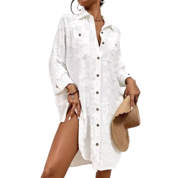 Bsubseach Fashion Womens Swiss Dot Oversized Shirt Dress Swimsuit Cover Up Long Sleeve Beach Cover-ups One Size
